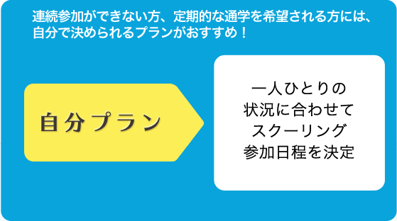 連続参加ができない方、定期的な通学を希望される方には、自分で決められるプランがおすすめ！　自分プラン　一人ひとりの状況にあわせてスクーリング作家日程を決定